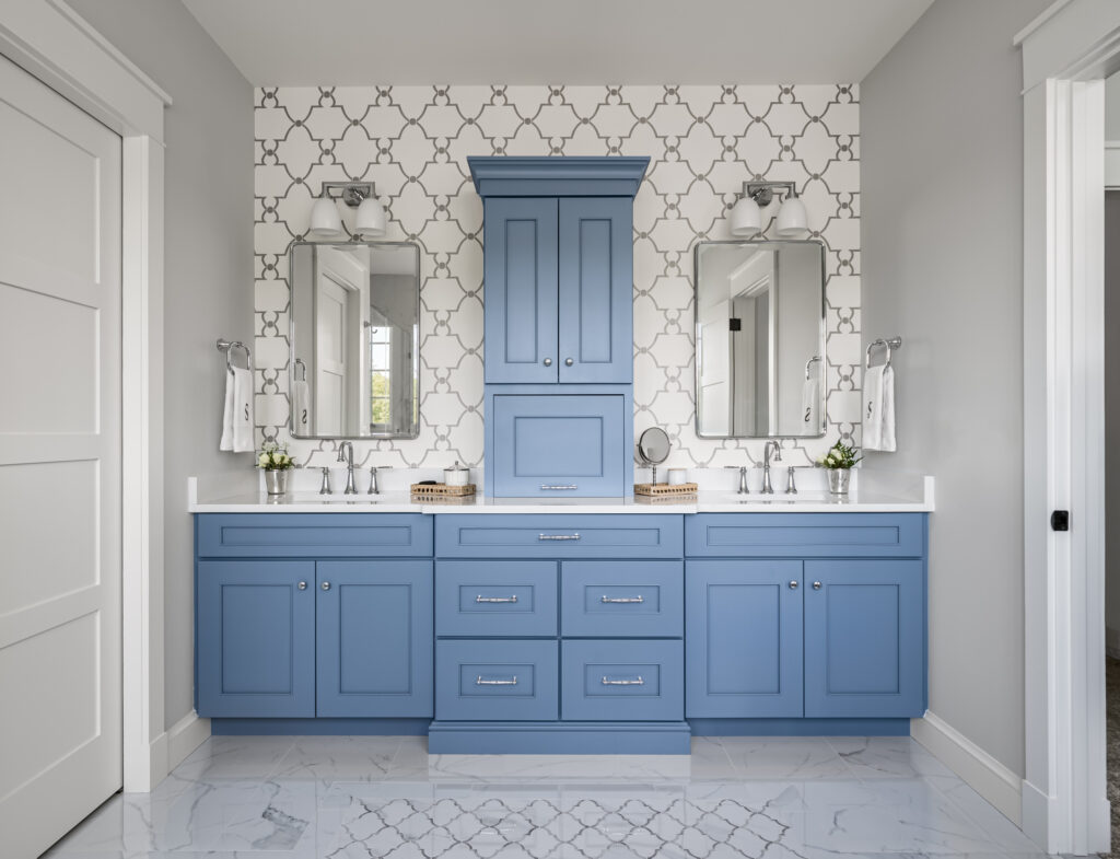custom nautical blue bathroom with wallpaper